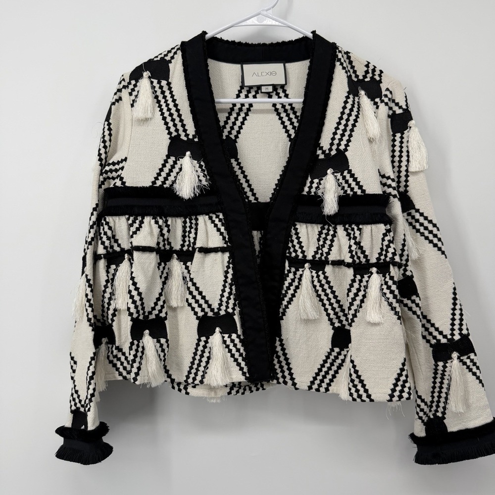 ALEXIS Black White Diamond Tassel Jacket Blazer‎ Cotton Luxury $697 Size Medium